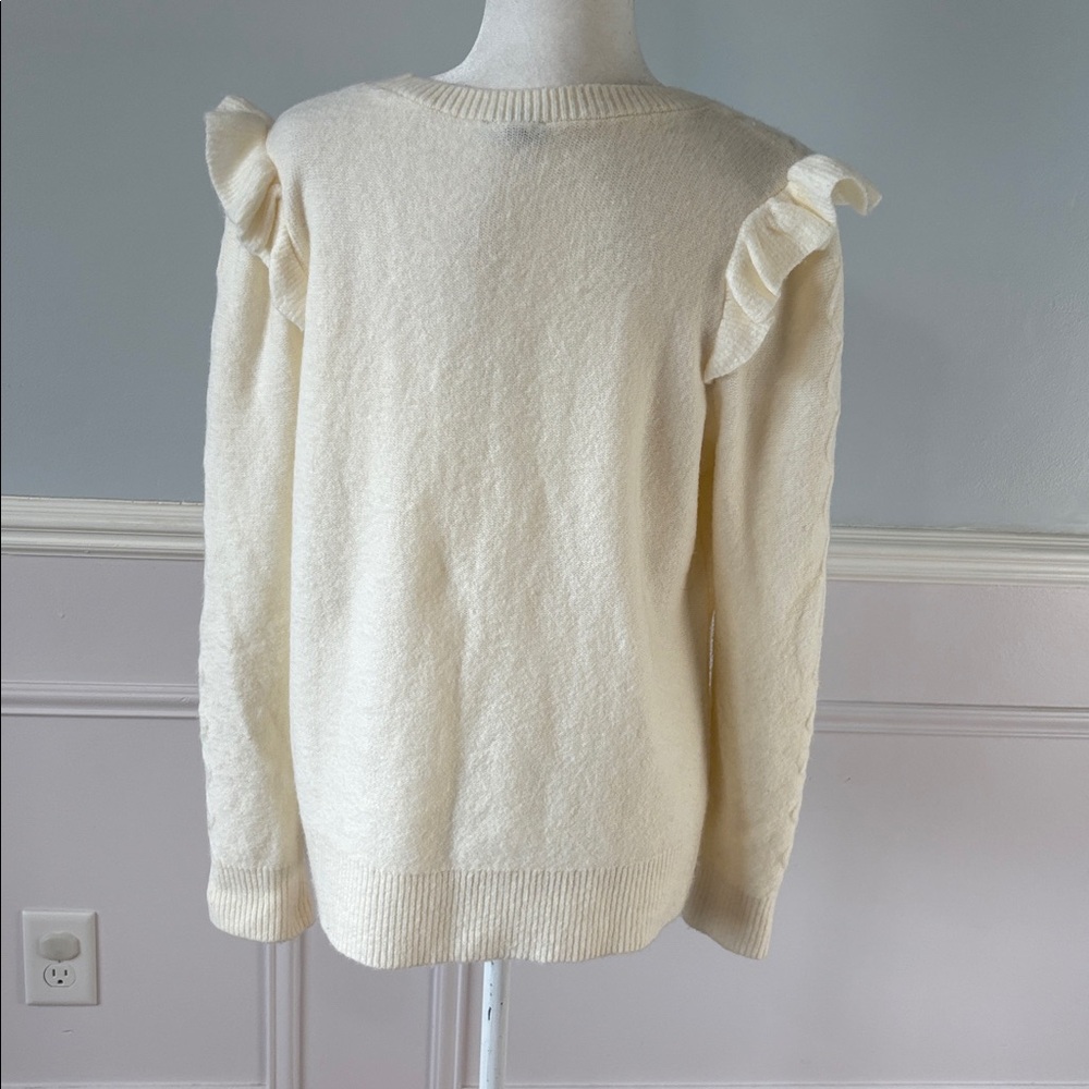 TALBOTS Cable Knit Ruffle Crewneck Sweater Cream Ivory Soft Size Large - Picture 6 of 10